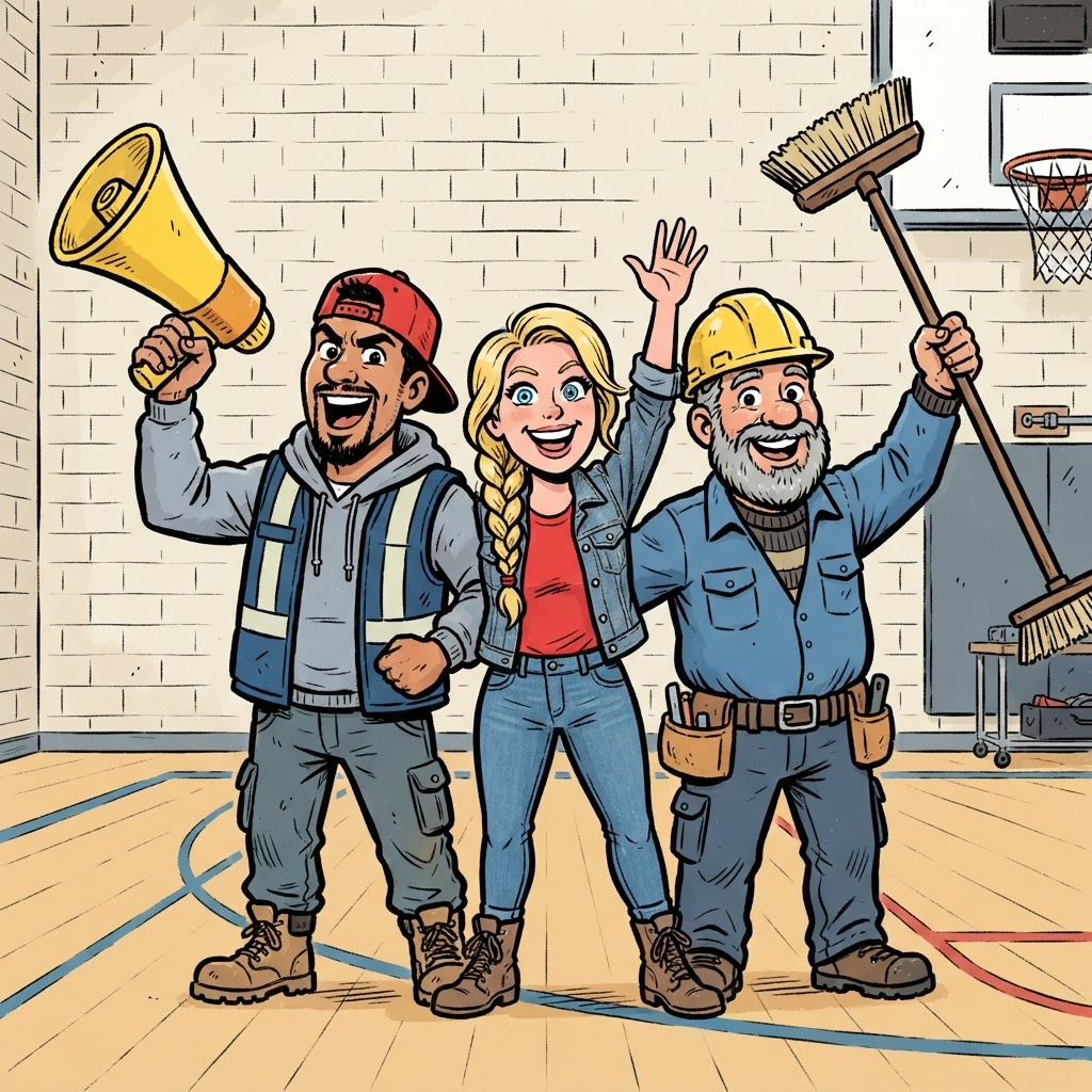 Illustration de BD : trois membres du personnel de soutien scolaire debout ensemble, porte-voix et balai levés en signe de solidarité