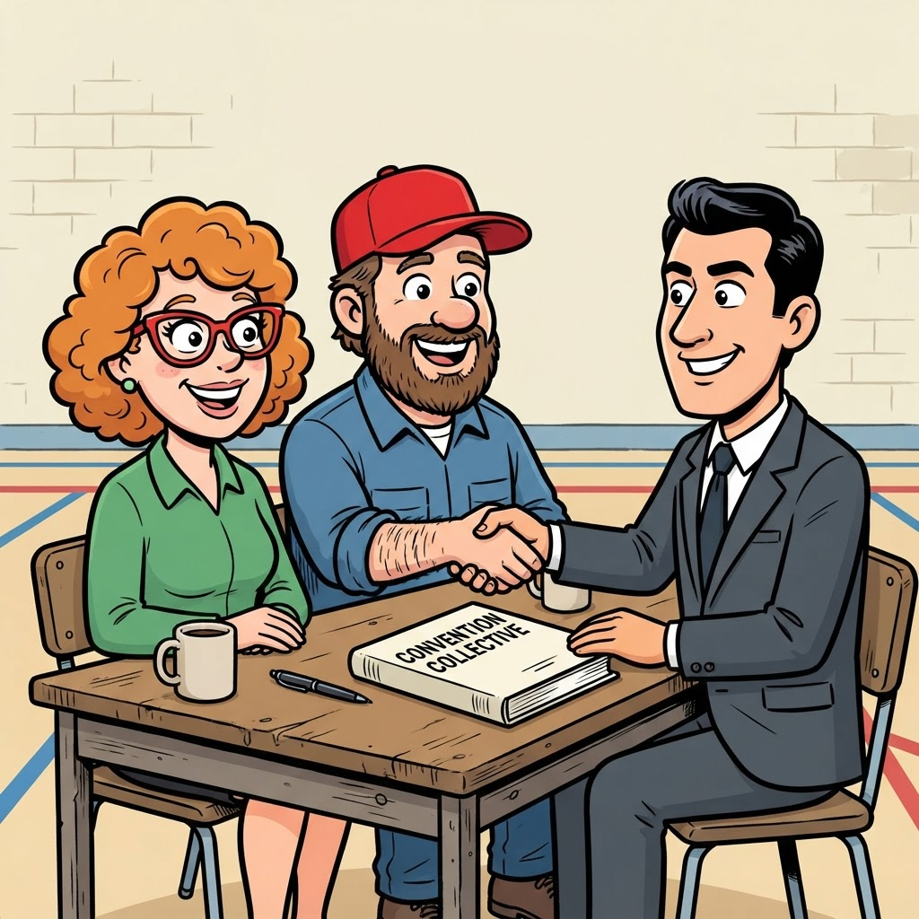 Illustration de BD : une secrétaire d’école et un concierge signent la convention collective avec un représentant de l’employeur